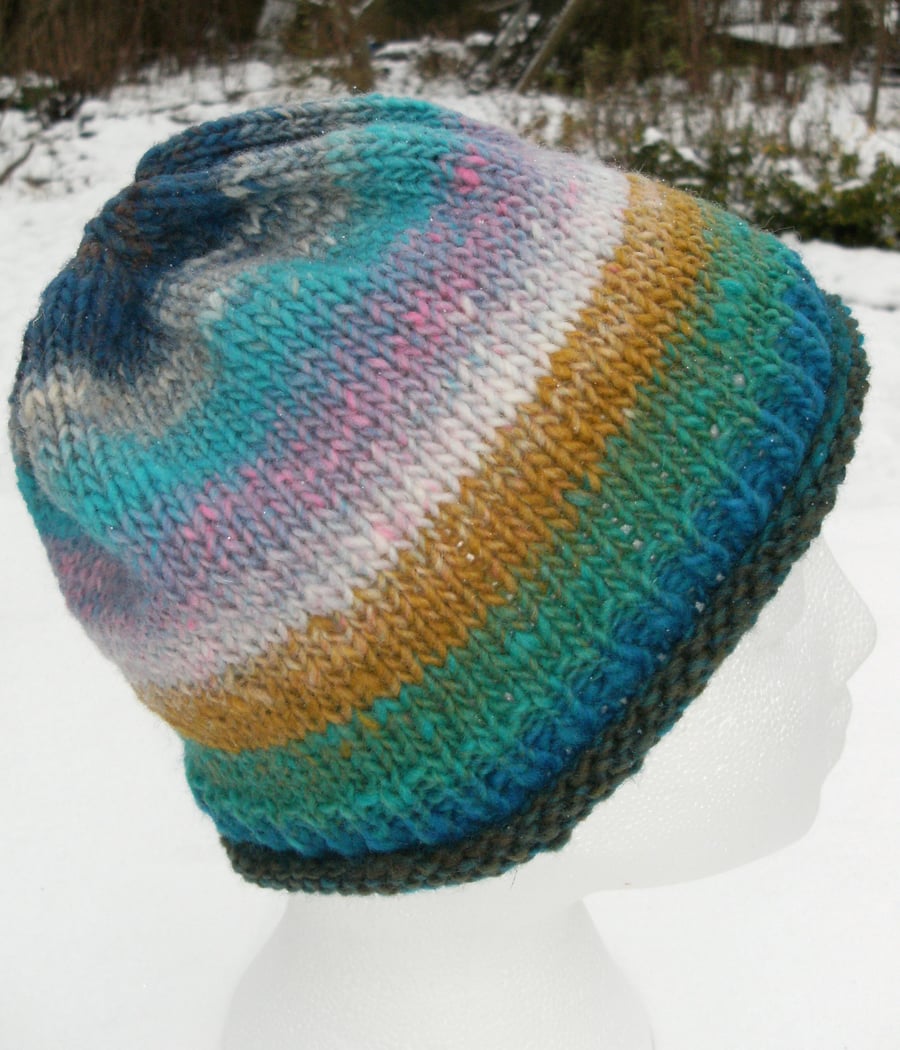 Handknit Noro Beanie Hat 100% wool Stripey Multi