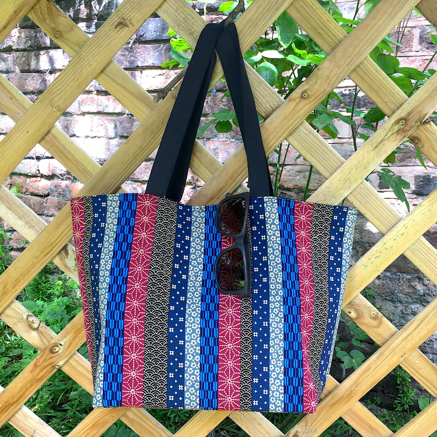 Blue Pattern Stripes Japanese Fabric Tote Bag Medium Size