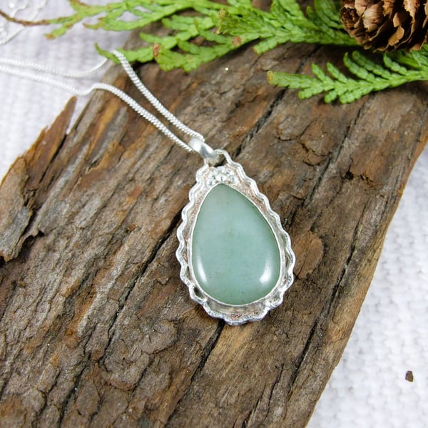 Green Aventurine Necklace, Sterling Silver & Copper Artisan Pendant