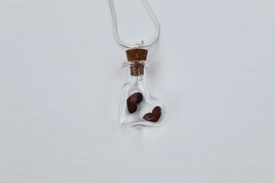 Two Wood Hearts in a Bottle Necklace, Wood Anniversary Gift, 5th Anniversary