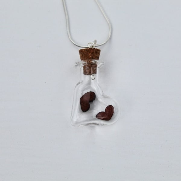 Two Wood Hearts in a Bottle Necklace, Wood Anniversary Gift, 5th Anniversary
