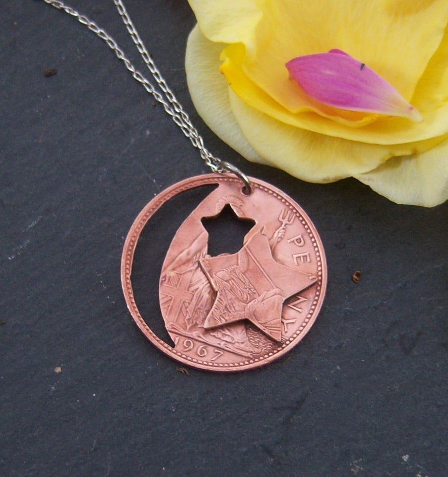 Moon & stars pendant made from recycled penny coin