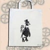 Steampunk PenguinTote Bag Animal Linocut Hand Printed Cream Shopping Bag