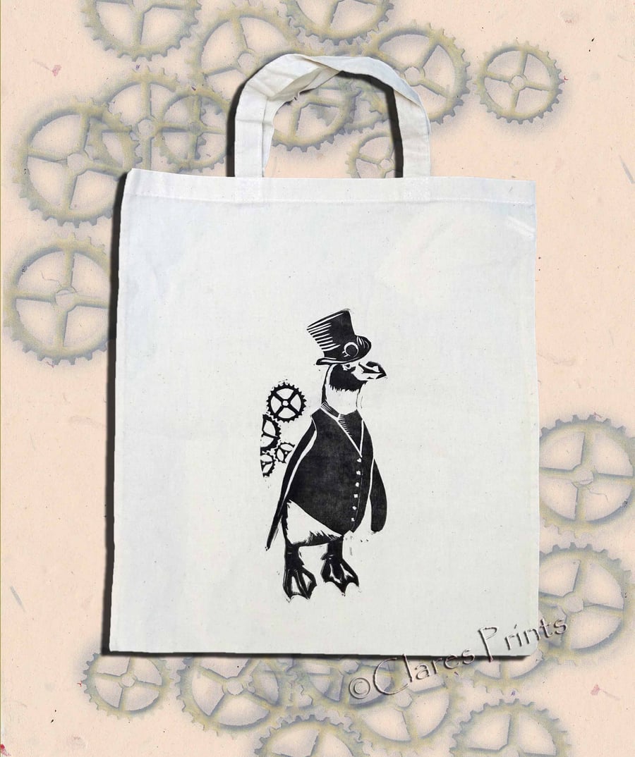Steampunk PenguinTote Bag Animal Linocut Hand Printed Cream Shopping Bag
