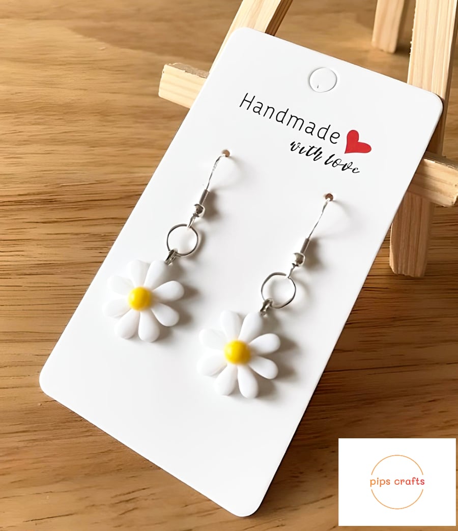 Cute Daisy Earrings White & Yellow, 925 Silver Hooks, Flower Jewellery