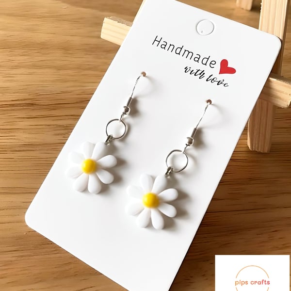Cute Daisy Earrings White & Yellow, 925 Silver Hooks, Flower Jewellery