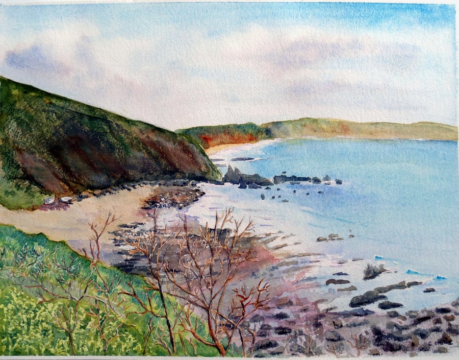 Finnygook Beach Portwrinkle, Cornwall original watercolour oil pastel painting