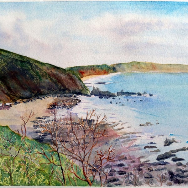 Finnygook Beach Portwrinkle, Cornwall original watercolour oil pastel painting