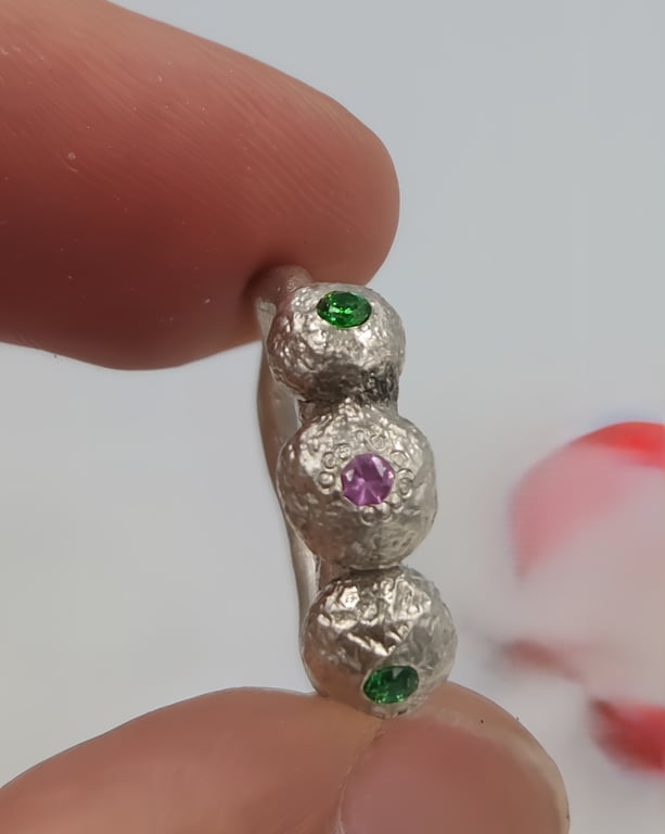 Molten Silver Granule Pinky Ring with Pink and Green CZ Gems