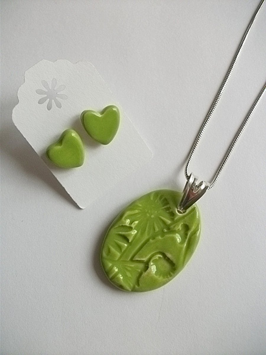 Ceramic apple green pendant necklace and earring set  - Sterling silver