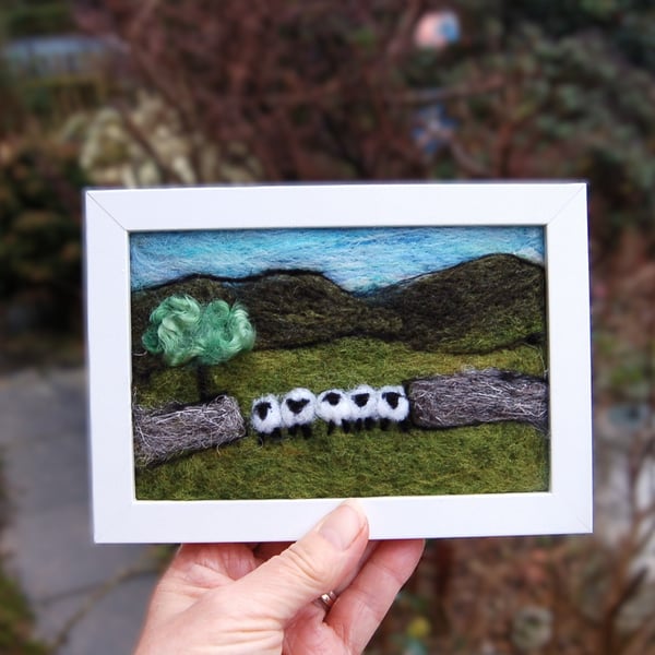 Five sheep stonewall wool painting.  Needlefelt picture