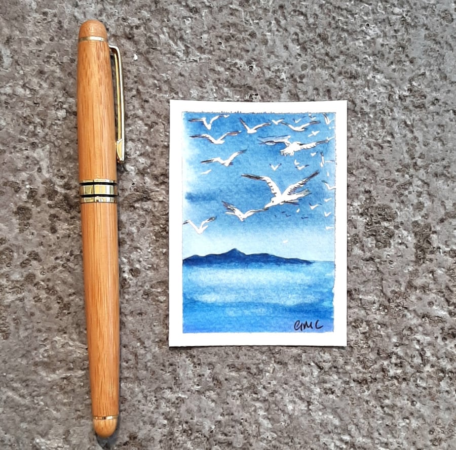 Gulls And Arran. Handpainted Art Trading Card. ACEO. Scottish Watercolour