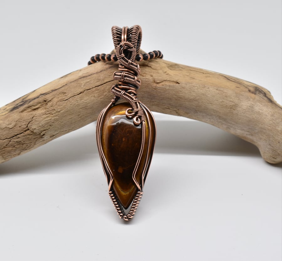 Tigers Eye and Copper Wire Wrapped Unisex Pendant