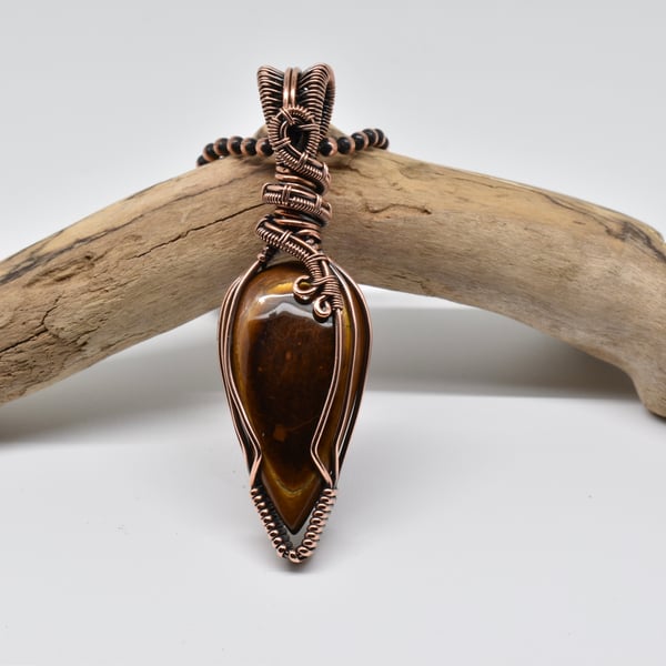 Tigers Eye and Copper Wire Wrapped Unisex Pendant