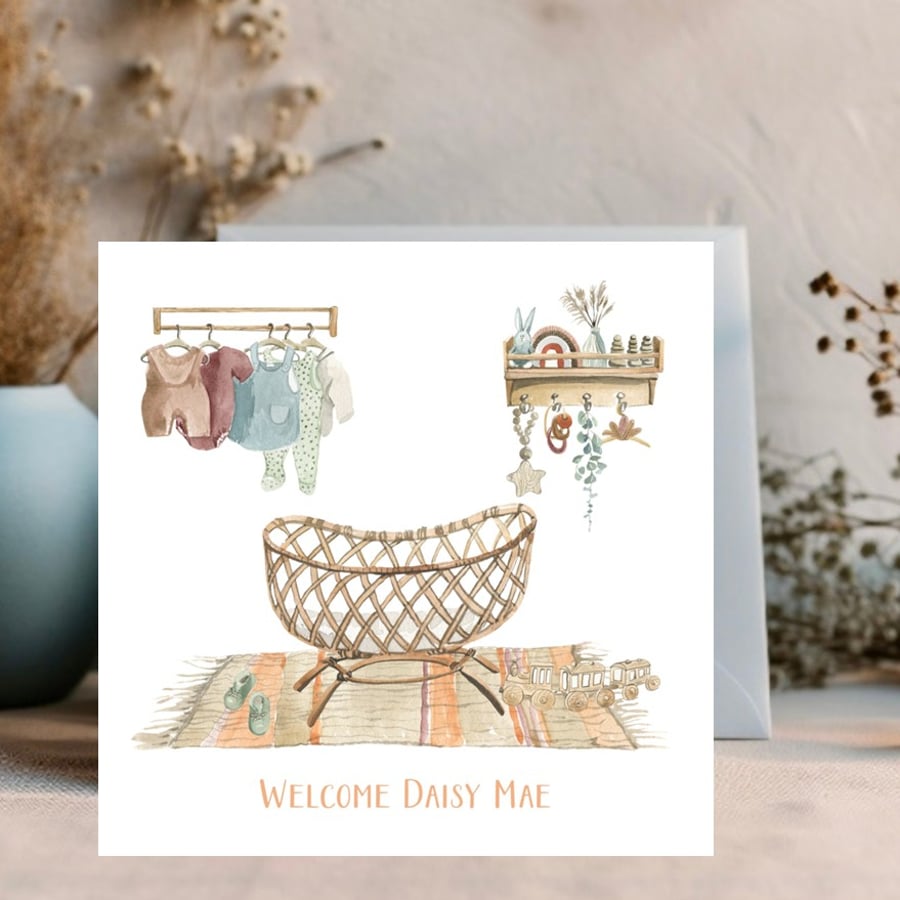  Watercolour Boho Personalised New Baby Girl Card