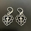 silver plated leverback earrings with heart cross silver charm