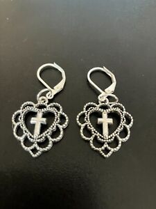 silver plated leverback earrings with heart cross silver charm