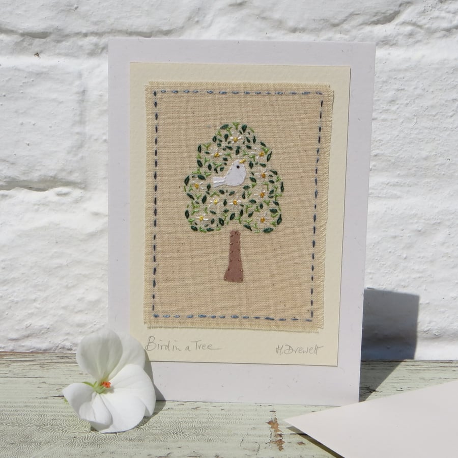 Bird in a Tree hand embroidered card delicate detailed work - a card to keep!