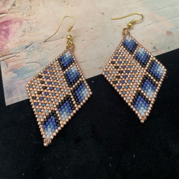 Handmade Beaded Diamond Earrings, Geometric Blue & Rose Gold Seed Bead Earrings