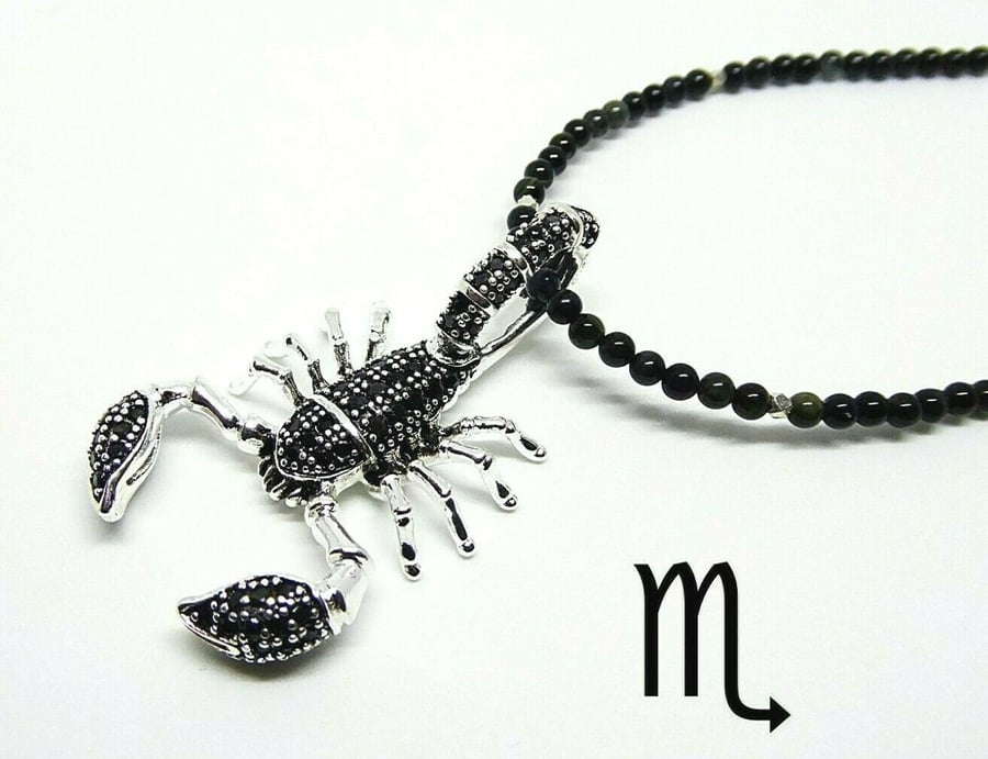Scorpion Necklace with Blue Tigers Eye, Scorpio Gift