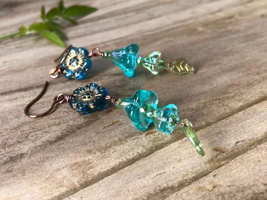 Blue Flower Earrings. Long Dangly Czech Glass Floral Earrings. Boho Bohemian