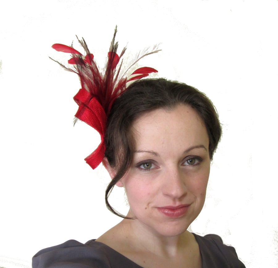 Red Fascinator - Wedding Hair Accessory, Bridesmaid Hair Clip, Hair Comb