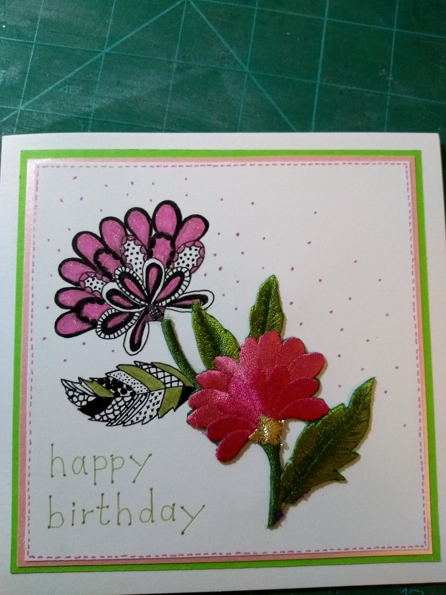 Futuristic pink flower birthday card