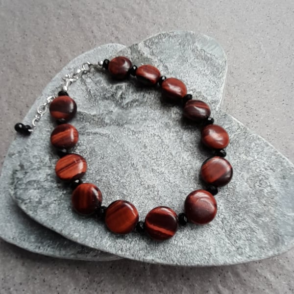 Sterling Silver Red Tigers Eye and Black Agate Bracelet
