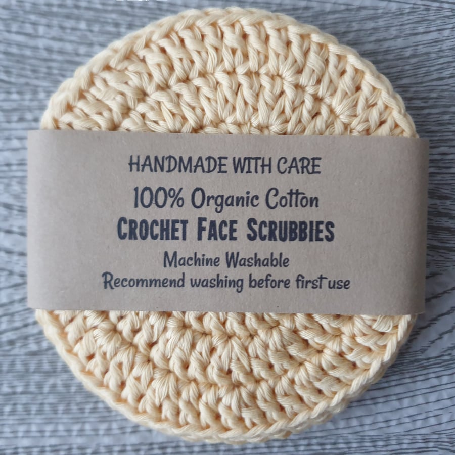 100% Organic Cotton Yellow Crocheted Handmade Face Scrubbies, Pack of 3