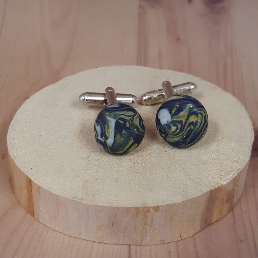 Cufflinks in blue swirl polymer clay with a touch of sparkle