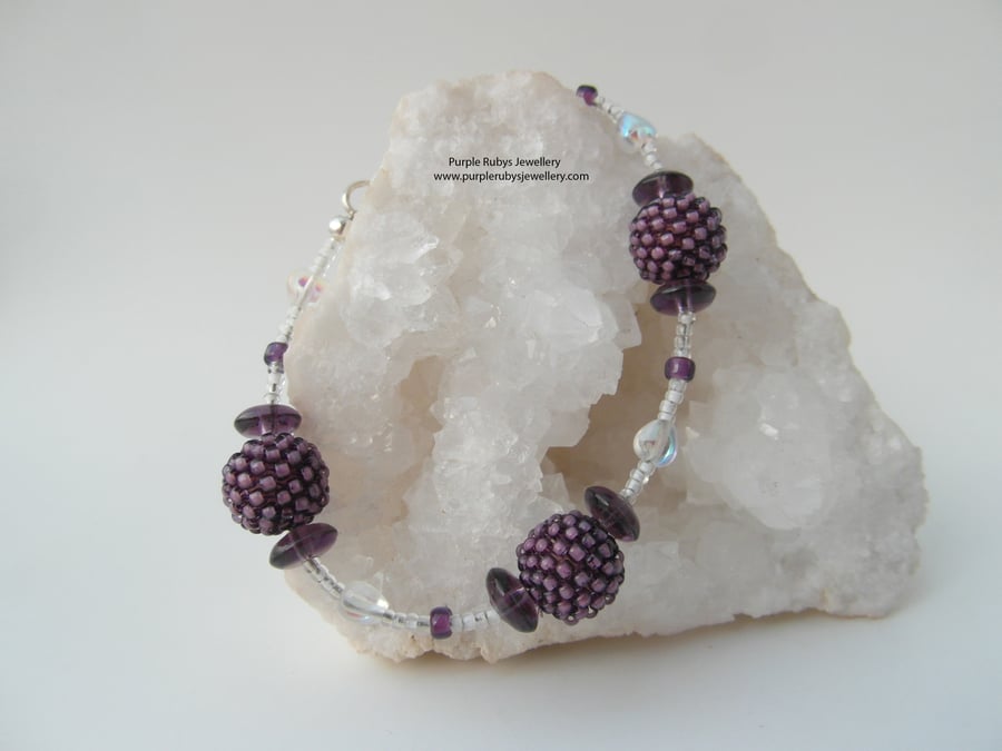 Plum Woven Bead and Crystal Aurora Hearts Bracelet B204