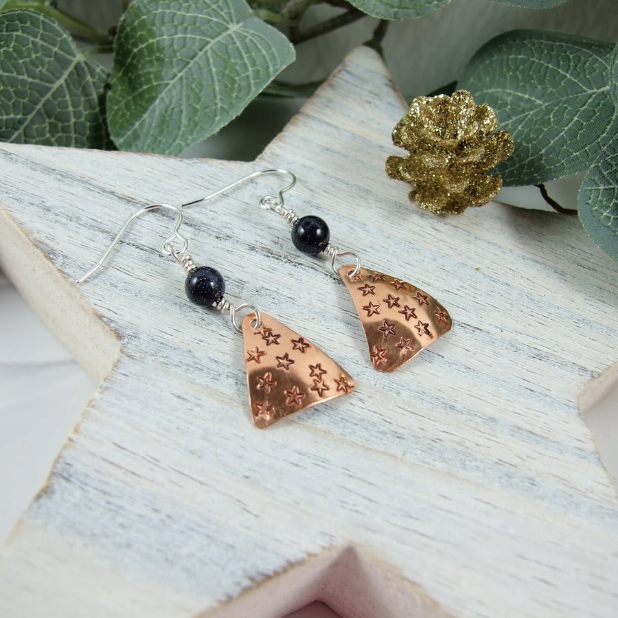 Earrings, Christmas Tree Copper Droppers, Sterling Silver Ear Wires