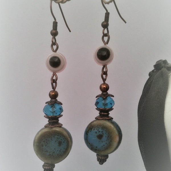 Blue Evil Eye Ceramic Earrings, Dangle Antique Bronze Earrings