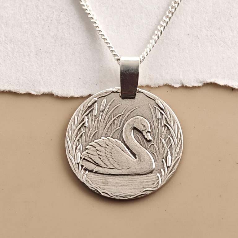 Swan Engraved Sterling Silver Coin Necklace