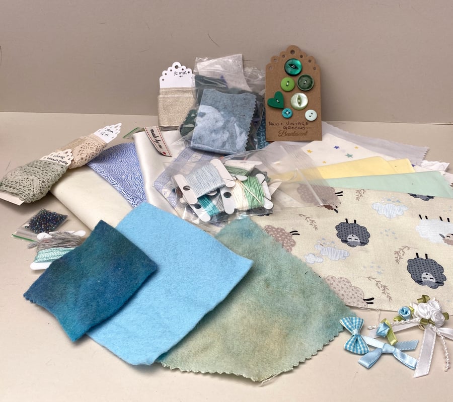 Slow Stitching, mindful hand sewing craft kit, fabric and embellishments ref 21