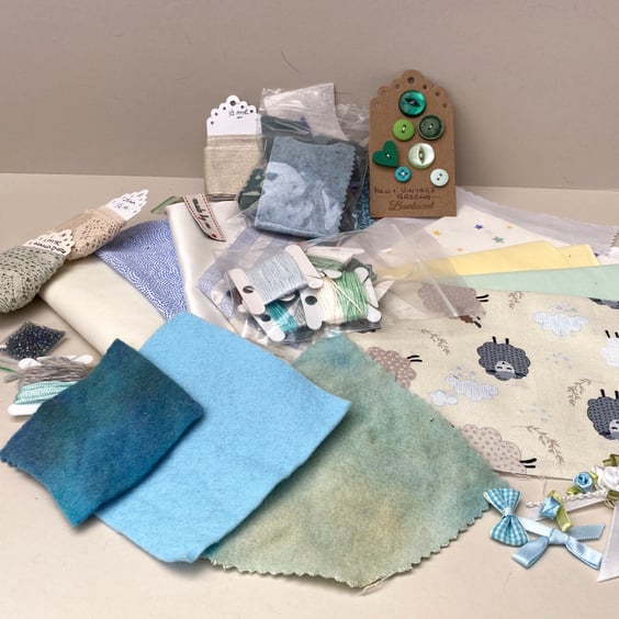 Slow Stitching, mindful hand sewing craft kit, fabric and embellishments ref 21