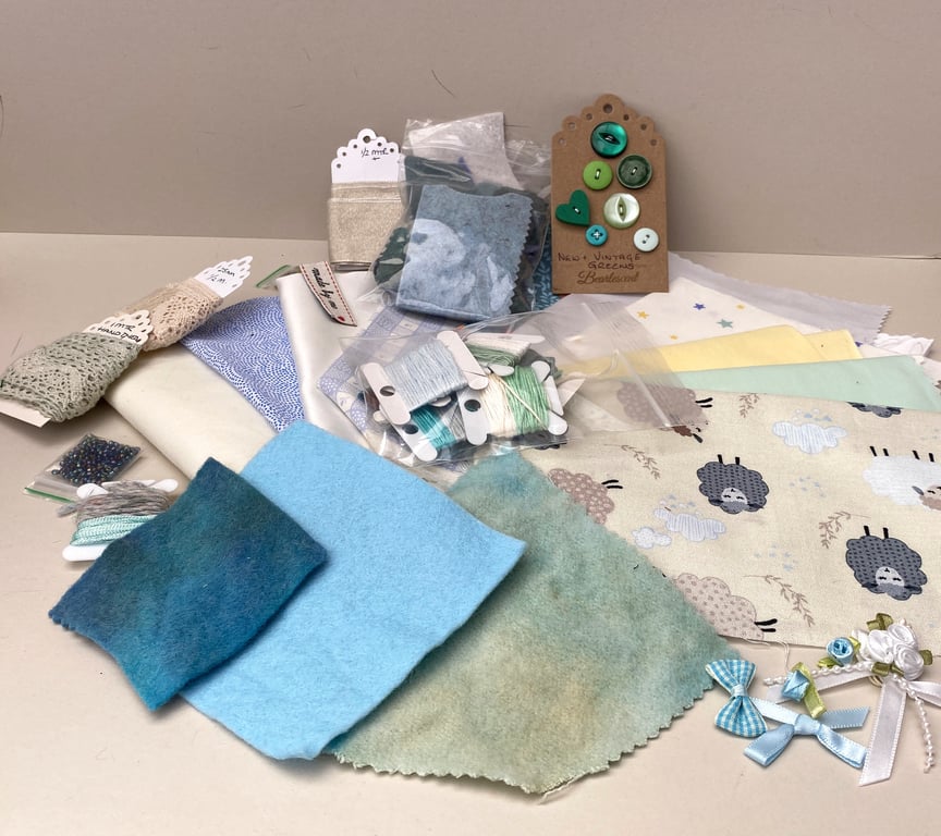 Slow Stitching, mindful hand sewing craft kit, fabric and embellishments ref 21