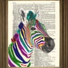 Zebra Art: Dictionary Print Colourful Animal Wallhanging