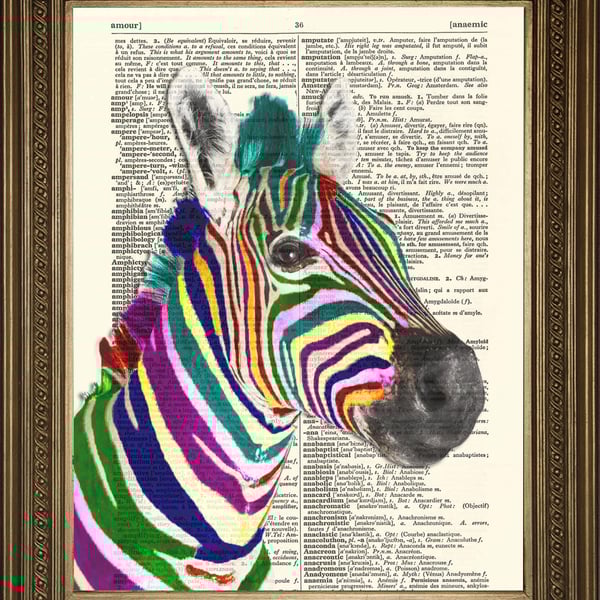 Zebra Art: Dictionary Print Colourful Animal Wallhanging