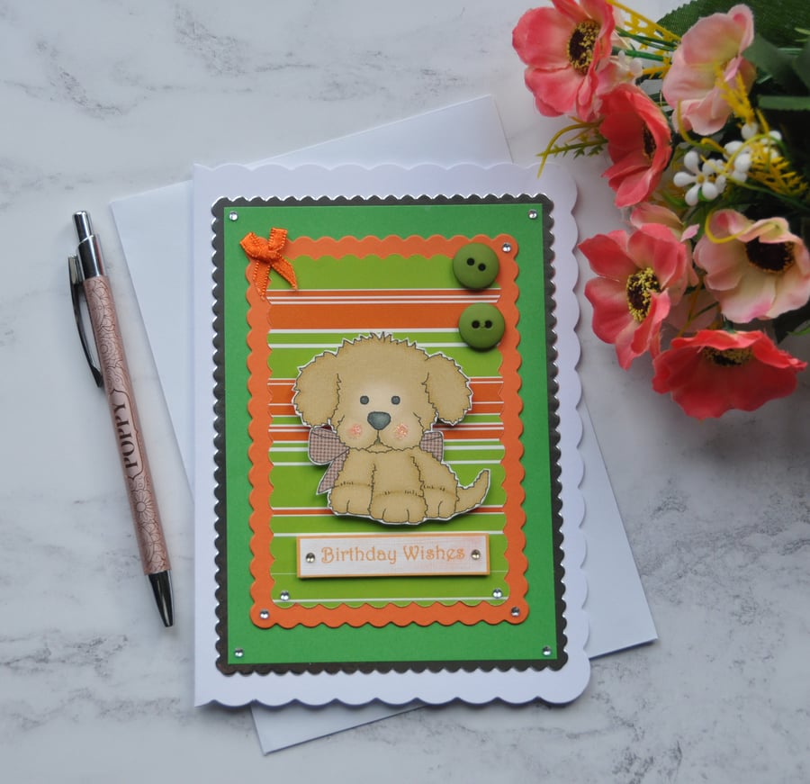 Dog Card Birthday Wishes Brown Puppy Dog Rainbow Green Buttons