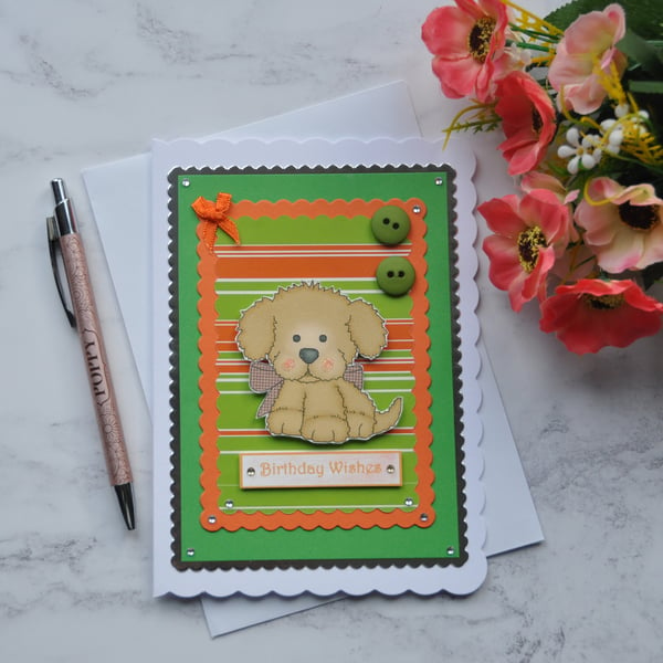 Dog Card Birthday Wishes Brown Puppy Dog Rainbow Green Buttons