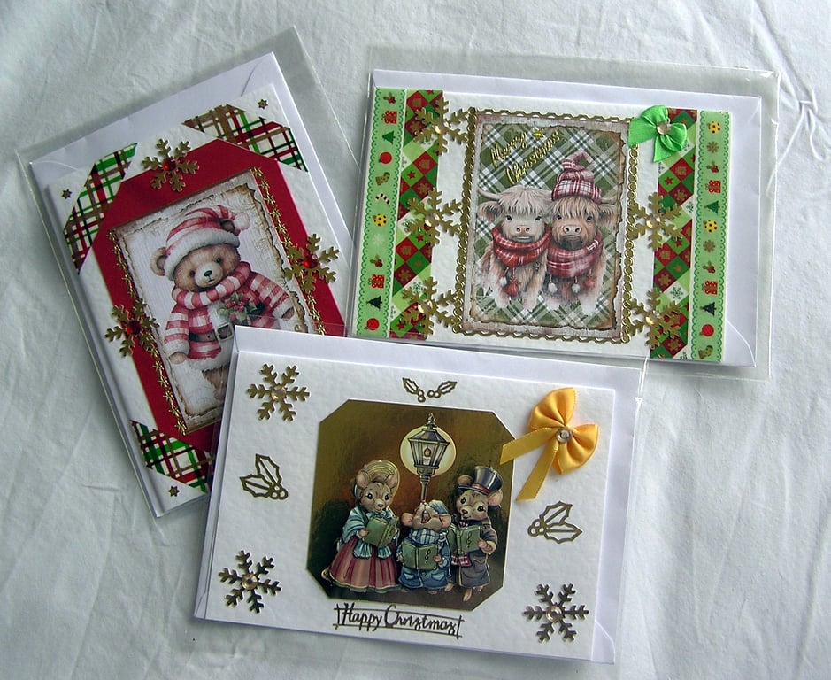 Set of 3 (Three) Beautiful Hand-Crafted Christmas Decoupage Greeting Cards (e)