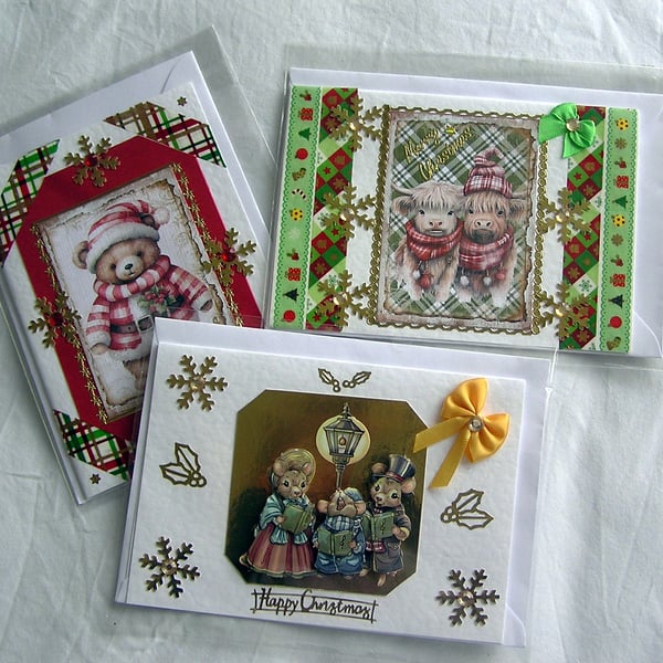 Set of 3 (Three) Beautiful Hand-Crafted Christmas Decoupage Greeting Cards (e)