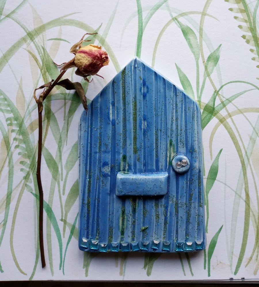 Blue ceramic fairy door