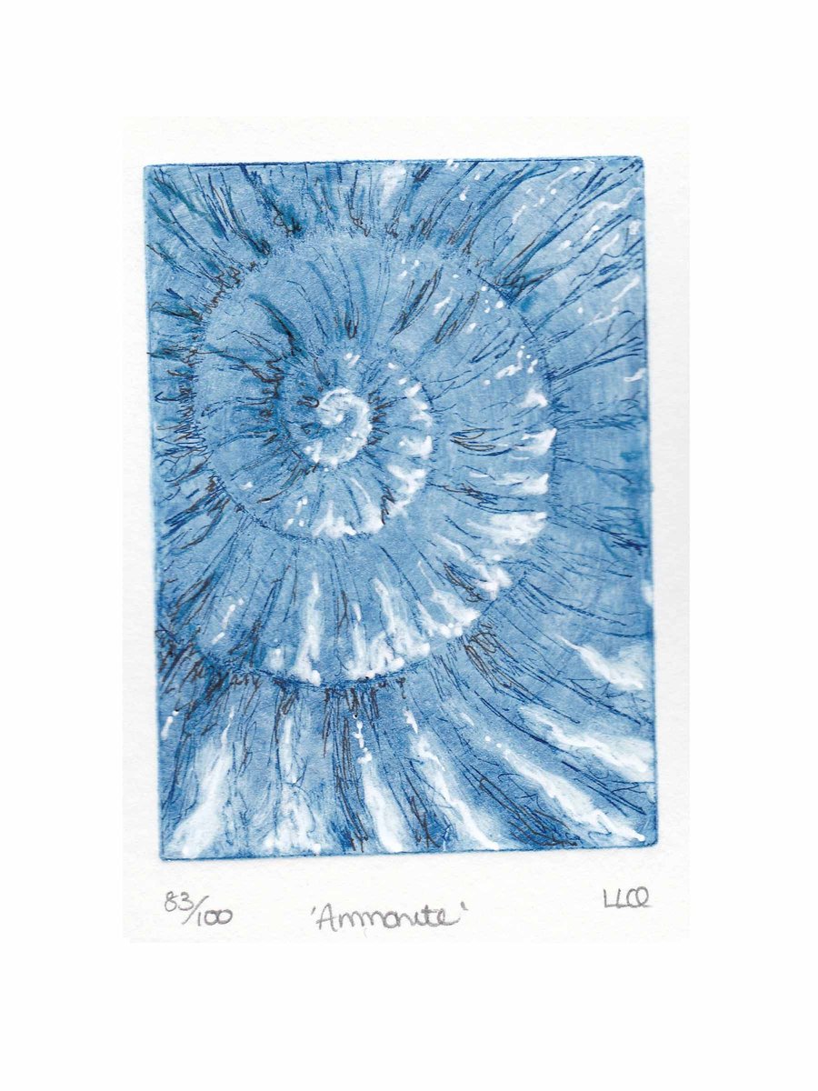 Etching no.83 of an ammonite fossil with mixed media in an edition of 100