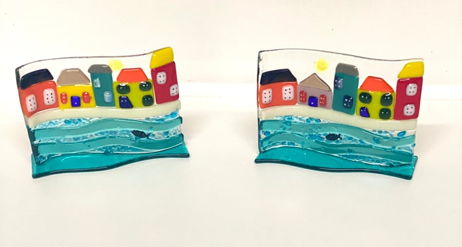 Coastal houses fused glass stand up wave ornament 