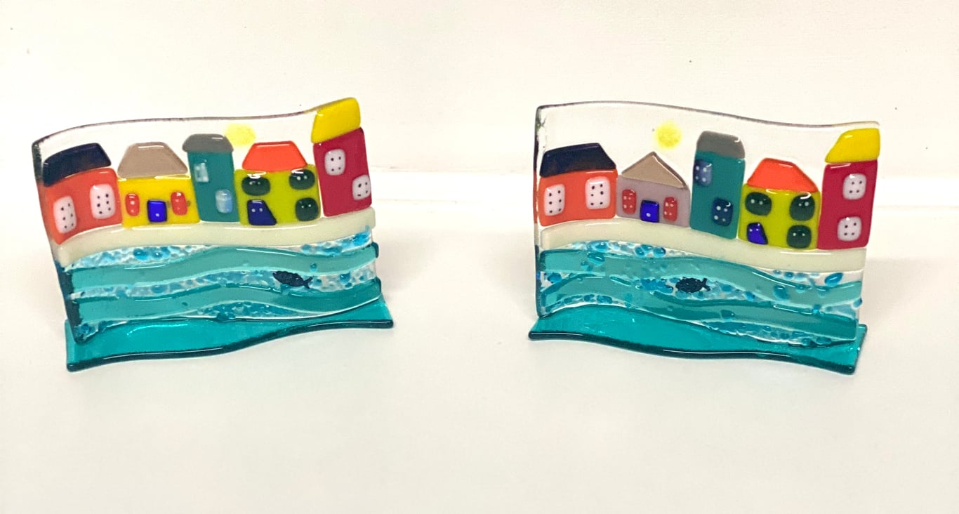 Coastal houses fused glass stand up wave ornament 