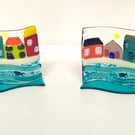 Coastal houses fused glass stand up wave ornament 