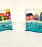 Coastal houses fused glass stand up wave ornament 