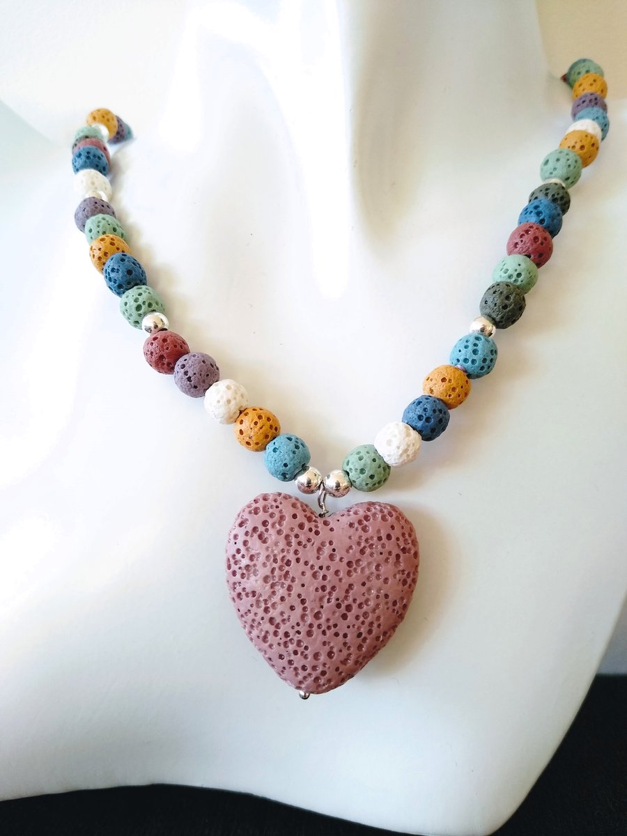 Multi Colour Volcanic Lava Rock Large Heart Necklace 18 - 20 Inch, 